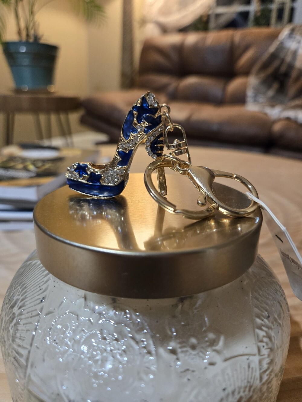 New Blue Enamel Flower High Heel Shoe Keychain Purse Charm Gold